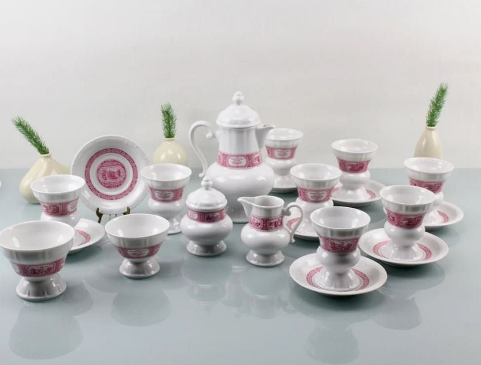 Set 40 pieces Rüdesheimer cup, saucers, plates, coffee pot, cream bowl, sugar bowl, Heinrich Porcelain Coffee Asbach Uralt