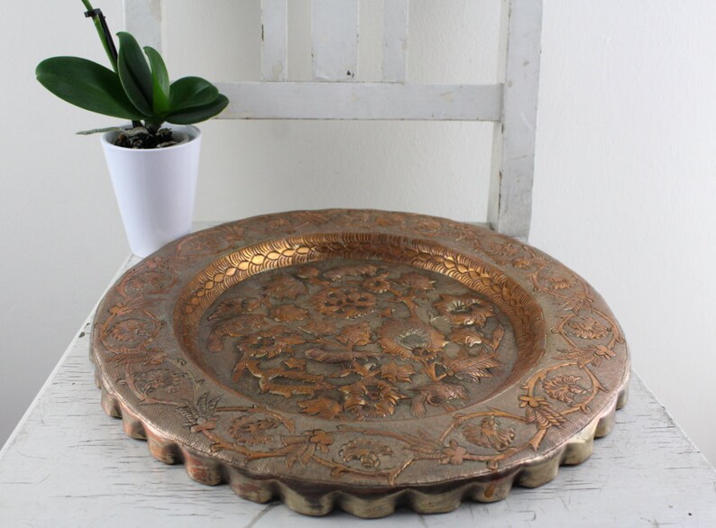 Vintage copper platter antique handmade Processed noble Gorgeous Pattern Made in France