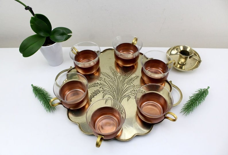 Vintage Tea Set 8 Pieces Tea Glasses With Copper Holder Serving Tray