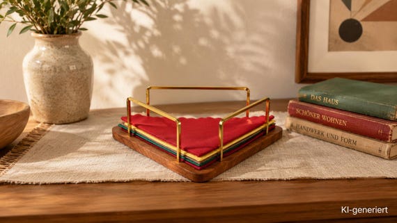 Vintage Serviettenhalter aus Teakholz & Messing – Mid Century 50er Jahre – Danish Modern Tischdeko mit Retro Servietten