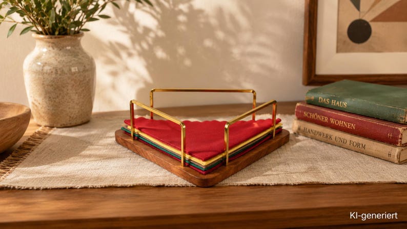 Vintage teak and brass napkin holder – Mid-Century 1950s – Danish Modern table decoration with retro napkins image 1