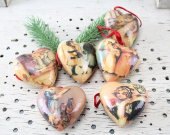 Pack of 6 Christmas tree balls, heart shape decoration, Christmas tree decoration, vintage paper balls