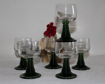 Vintage. 6 Wine Glasses from the 60s Glass 0.10 Liter Ruwer Green Ribbed Wine Glasses, Schott Zwiesel Shot Glass Stemware Goblets