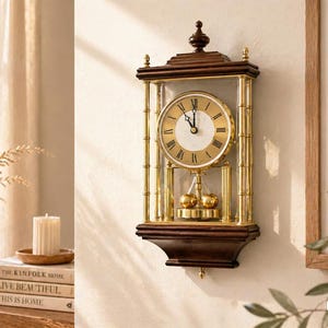 May include: A wall clock with a gold-colored face and Roman numerals, encased in a dark brown wooden frame with gold-colored accents. The clock has a pendulum and is mounted on a wall. The style is vintage.