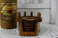 Small plate coasters with skewers made of fine wood in a set with stand unusual table decoration bar equipment