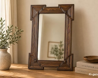 Espejo de pared antiguo Art Déco – Marco geométrico de madera – Espejo vintage de los años 30 a 40 – Período de transición Art Nouveau