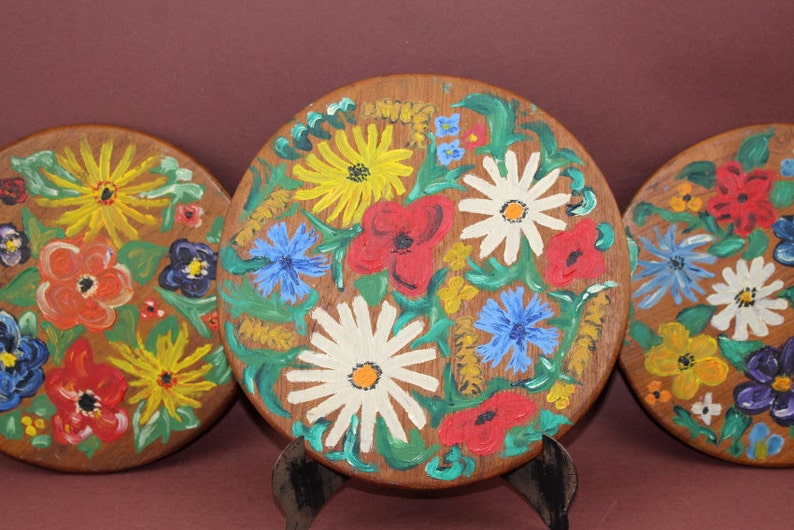 Vintage 50s Wall Pictures Real Wood Acrylic Lacquer Handmade Floral