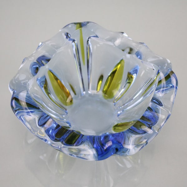 Murano Glass Light Blue Yellow Vintage. Glass Ashtray Mid Century 60s Style Collectible Handmade