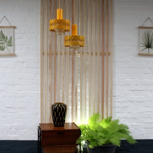 Mid Century 70s Ceiling Lamp Set of 2 Hanging Lamps Yellow Metal Vintage Pop Art Decor