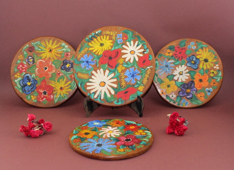 Vintage 50s Wall Pictures Real Wood Acrylic Lacquer Handmade Floral