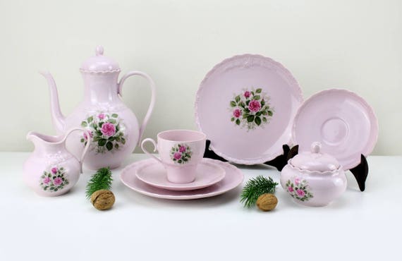 新品ドイツ製 HUTSCHENREUTHER ペールピーチ 美しいケーキプレート Pink Porcelain Set 21 Pieces for 6 People Precious Hutschenreuther