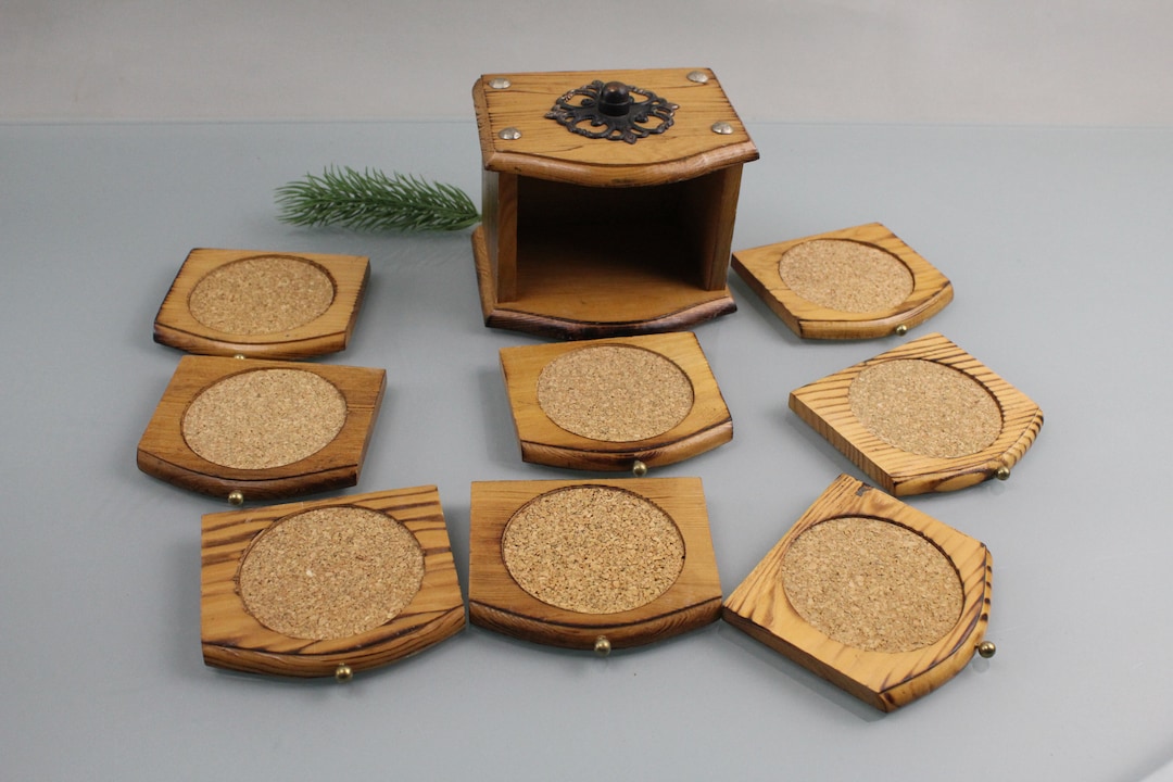 Mid Century 70s Vintage Wooden Coasters High Quality Handmade 8 Pieces