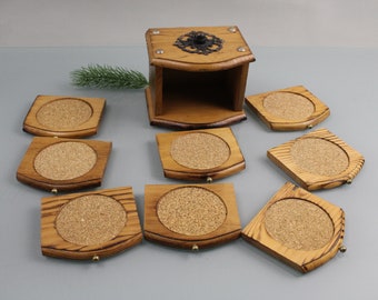 Mid Century 70s Vintage Wooden Coasters High Quality Handcrafted 8 Pieces in a Set