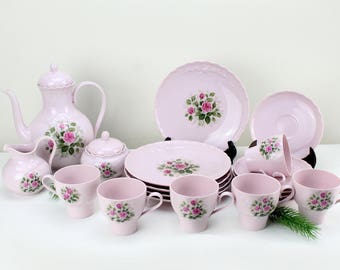 Vintage. Pink porcelain set 21 pieces for 6 persons Precious Hutschenreuther Rose High quality handmade porcelain Bavaria Germany