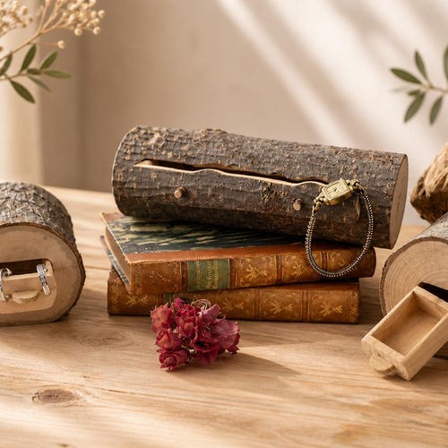 Coffret à bijoux en bois, 3 pièces – Boîte à bijoux en rondins naturels – Rangement rustique pour bijoux – Idée cadeau