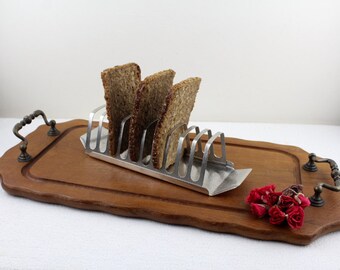 Vintage cutting board Antique Brass Handles Thick High quality precious wood toast rack stainless steel Set Mid Century breakfast table GDR