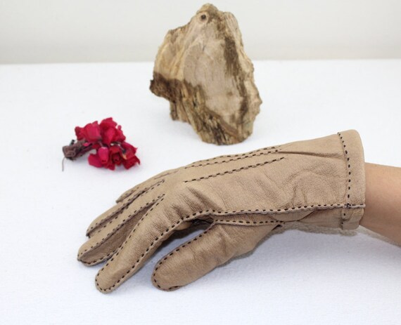 Vintage 1950s Real Leather Gloves Green Size 8 Wo… - image 3