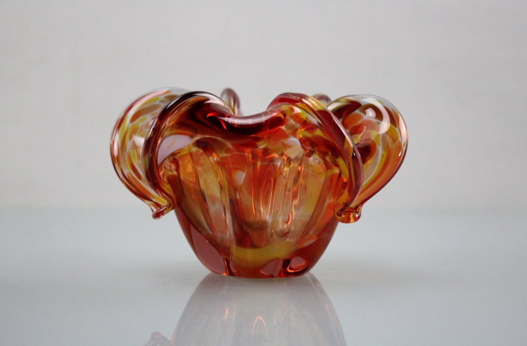 Mid Century Red Orange Yellow fire Glass Bowl Murano Glass Made in