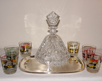 Vintage. Whiskey Set 1950s Whiskey Bottle with Glasses Barware Decoration for Bar and Pub Crystal Bottle