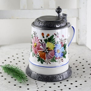 Beer Mug Collector&#39;s Item Pewter Lid Oktoberfest Antique Beer Mug 40s Floral Pattern
