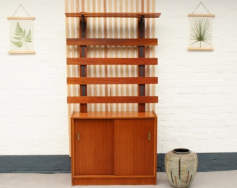 Vintage mid century 60s shoe cabinet with sliding doors. Hanging wardrobe with hooks and hat rack.