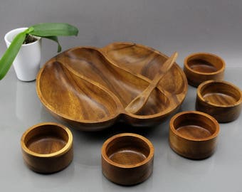 Vintage. 7 Pieces Set Mid Century 60s Teak Wood Bowl / Bowls Handmade