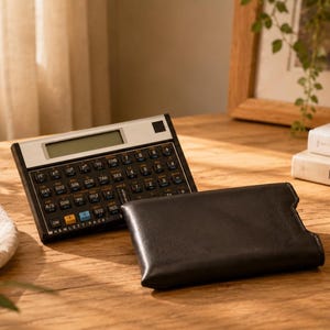 Könnte beinhalten: Ein schwarzer und silberner Taschenrechner mit voller Tastatur und Display liegt neben einem schwarzen Lederportemonnaie auf einer Holzoberfläche. Der Taschenrechner trägt den Text "HEWLETT PACKARD". Die Szene wird von natürlichem Licht beleuchtet.