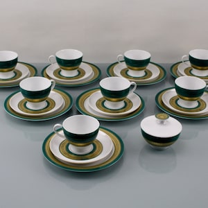 Mid Century Thomas Rotunda Porcelain Coffee Tea Tableware Set 25 Pieces German Porcelain Green Gold