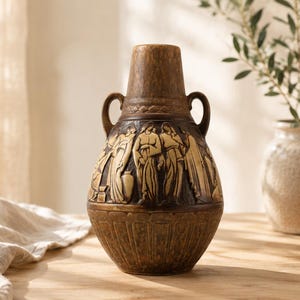 Puede incluir: Un jarrón de cerámica marrón con dos asas y un relieve detallado de figuras. El jarrón tiene una superficie texturizada y una base ancha. Se exhibe sobre una mesa de madera con otros elementos decorativos, incluido un jarrón con vegetación.