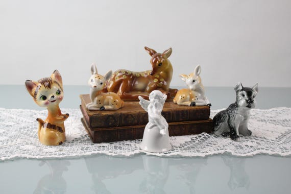 Vintage Porzellan Figuren Set – Reh Kitz Katze Engel Glocke – Retro Tierfiguren Sammlung