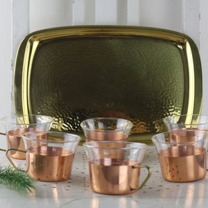 Mid Century Vintage SCHOTT MAINZ tea glasses copper with serving plate teak wood handles brass and copper serving set Very good condition!