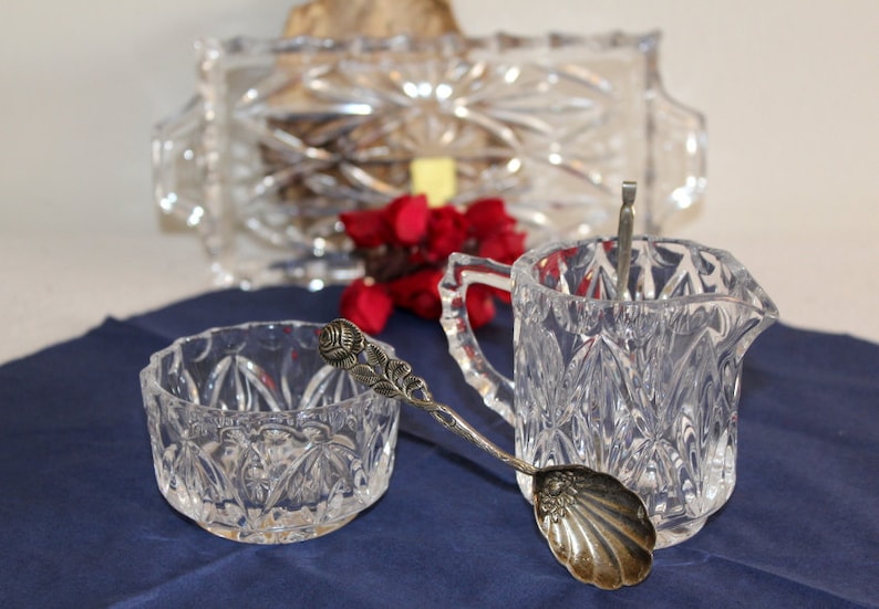 Vintage 1940s Crystal Set Sugar Bowl Milk Jug Crystal Plate Serving