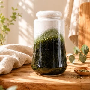 Puede incluir: Un tarro de cristal transparente con tapa blanca, lleno de una sustancia verde. El tarro está sobre una superficie de madera, junto a una cuchara de madera con hierbas verdes. Un paño beige y vegetación también están en la escena. El texto "Ki-generiert" es visible.