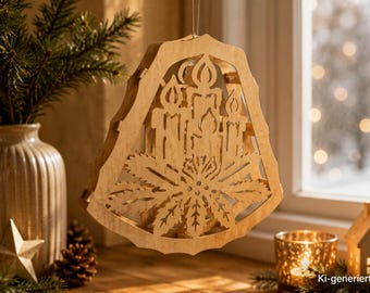 May include: A hanging wooden Christmas ornament with a snowflake and candle design. The ornament is made of light brown wood and has a cutout design. The background includes a window, a candle, and a small house.