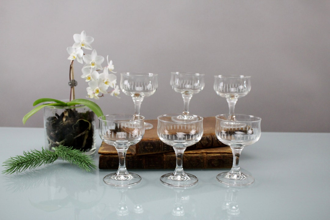 6 Piece Vintage Liqueur Glasses With Cut Glass Set Bar Equipment