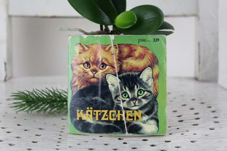 K&ouml;nnte beinhalten: Ein Vintage-Buchcover mit gr&uuml;nem Hintergrund, auf dem zwei Katzen abgebildet sind. Das Buch tr&auml;gt den Titel "K&auml;tzchen" und den Text "pixi Buch 229" in der oberen rechten Ecke.