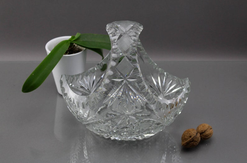 Vintage. Large Glass Lead Crystal Bowl Bowl With Handle Etsy