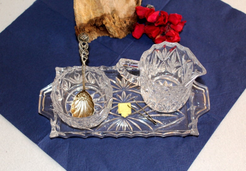 Vintage 1940s Crystal Set Sugar Bowl Milk Jug Crystal Plate Serving