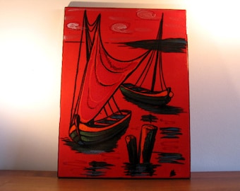 Beautiful Mid Century 70s ceramic picture to hang Wall picture made of ceramic Handmade