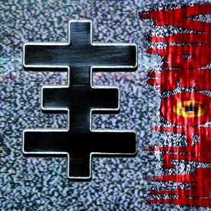 Puede incluir: Un diseño negro en forma de cruz estilizada con un contorno plateado, sobre un fondo de pantalla de televisión estática. La palabra "VOID" está escrita verticalmente en rojo, con un diseño circular amarillo y naranja en el medio.