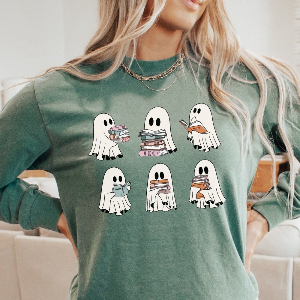 Reading Ghosts Long Sleeved Shirt, Fall Long Sleeve Tee, Bookish Long Sleeve Shirt, Books Ghost Womens Long Sleeved Halloween Ghost Shirt