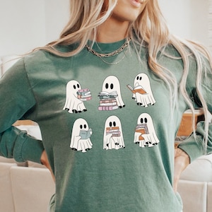Reading Ghosts Long Sleeved Shirt, Fall Long Sleeve Tee, Bookish Long Sleeve Shirt, Books Ghost Womens Long Sleeved Halloween Ghost Shirt