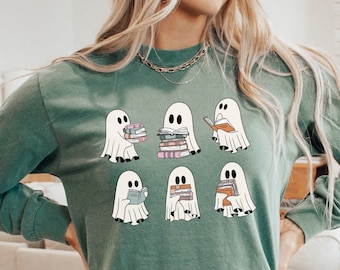 Reading Ghosts Long Sleeved Shirt, Fall Long Sleeve Tee, Bookish Long Sleeve Shirt, Books Ghost Womens Long Sleeved Halloween Ghost Shirt