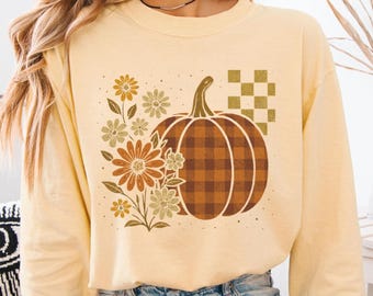 Long Sleeve Fall Shirt with Pumpkin Design, Comfort Colors Fall Tee with Long Sleeves for Women