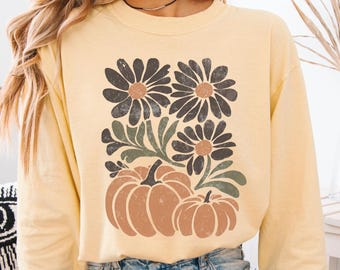 Long Sleeve Fall Shirt with Pumpkin Design, Comfort Colors Fall Tee with Long Sleeves