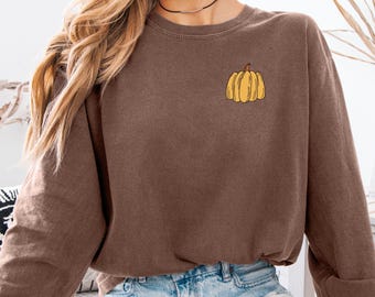 Long Sleeve Fall Shirt with Pumpkin Detail, Comfort Colors Fall Tee with Long Sleeves