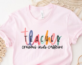 Teacher Shirt, Crayons Kids Caffeine, Teach Shirt, Teacher T Shirt, Teacher Clothes, Teacher Shirts, PreK Teacher Shirt , Pre School Shirt