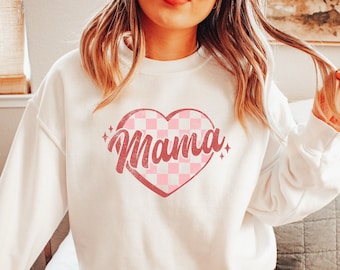 Mama Valentine's Day Sweatshirt, Checkered Heart Mama Sweater, Mom Valentine Shirt, Mom Valentine's Day Sweater, Gift for Mom, Vday Gift