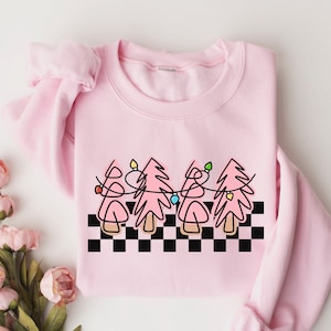 Pink Christmas Trees Sweater, Pink Christmas Tree Crewneck, Pink Christmas Sweatshirt, Retro Christmas Sweater for Women