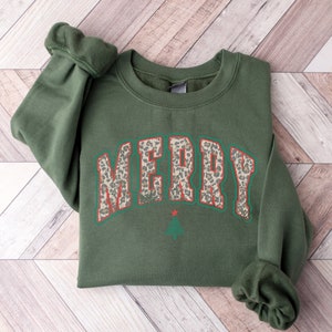 Merry Sweatshirt, Christmas Sweater, Merry Christmas Crewneck, Varsity Style Christmas Sweater, Womens Christmas Tops, Holiday Apparel